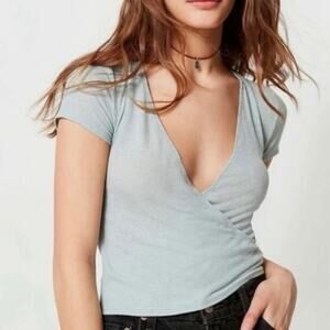 Wasabi + Mint Blue Ribbed Wrap Bodysuit Short Sleeve V-Neck Size Small